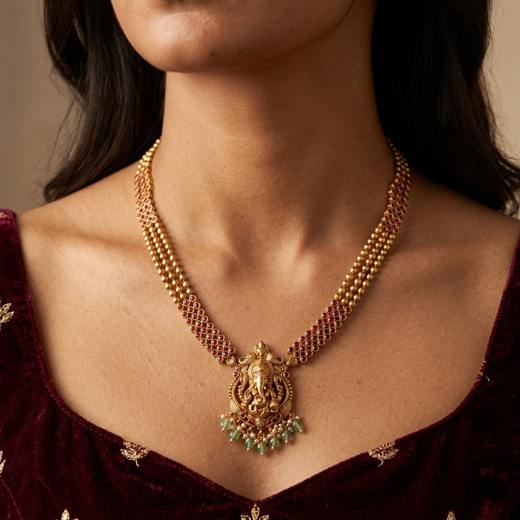 Ruby Ganesha Temple Necklace Set - Model