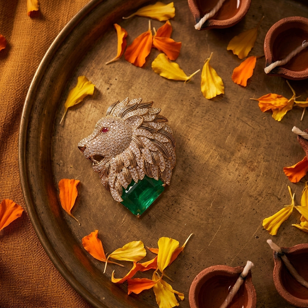 Green and White Lion Head Brooch - Tabletop