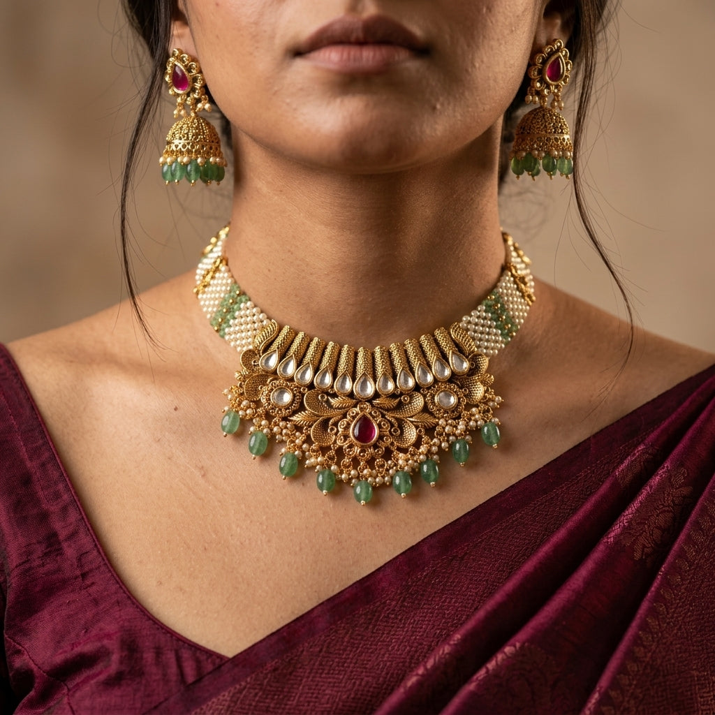 Ruby Floral Jhumka Necklace Set - Model