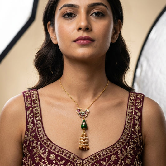 Ruby Green Heritage Kundan Necklace Set - Model
