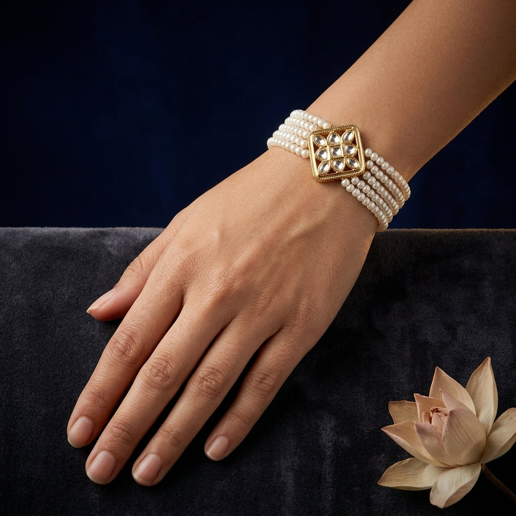 White Geometric Kundan Cluster Bracelet - Mannequin