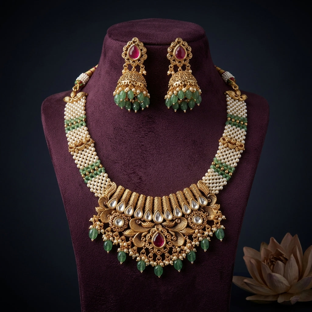 Ruby Floral Jhumka Necklace Set - Mannequin
