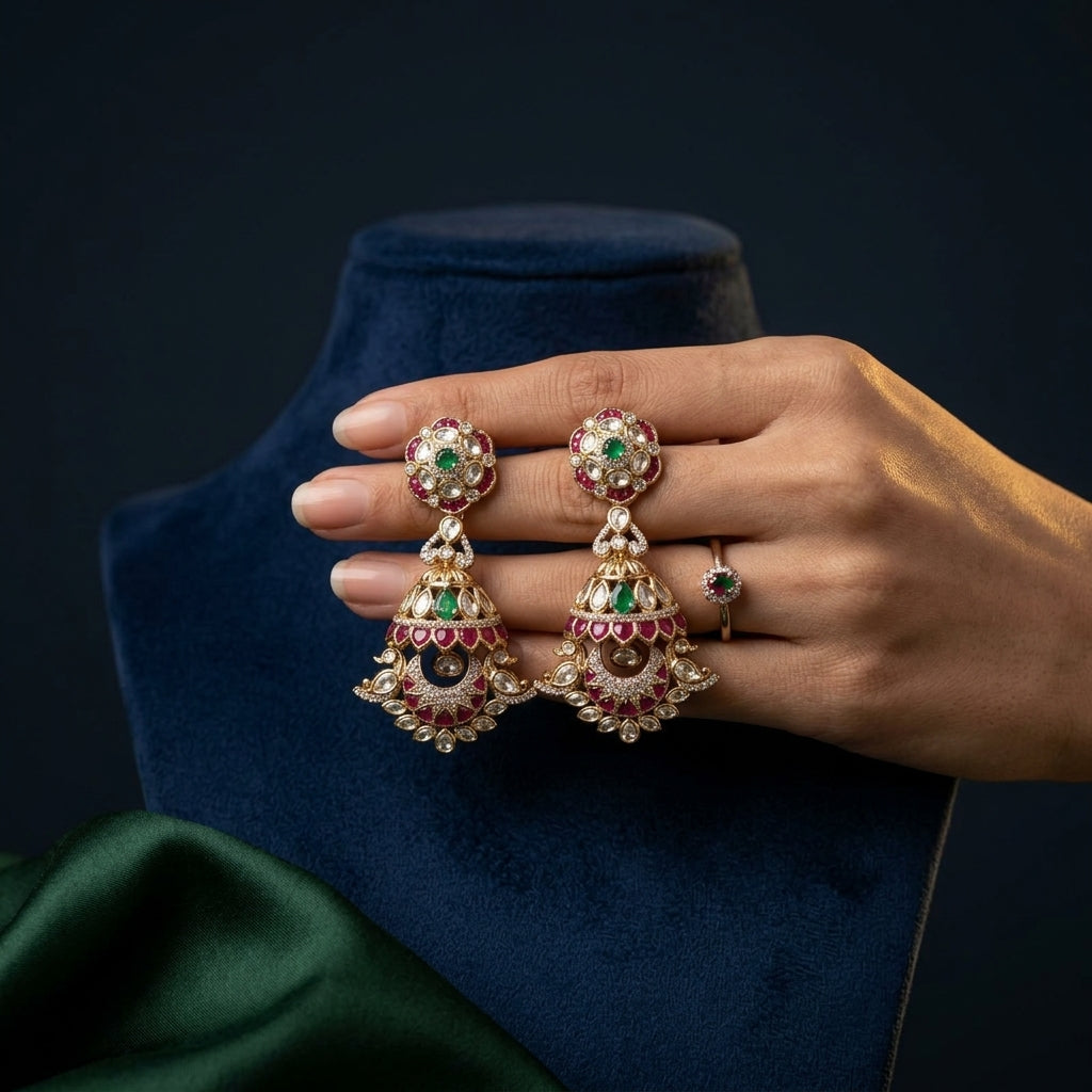 Ruby Green Floral Jhumka Earrings - Mannequin