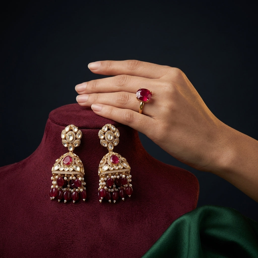Ruby and Clear Ornate Floral Cluster Earrings - Mannequin