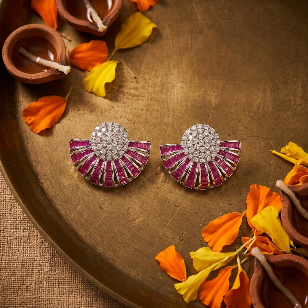Ruby Fan Cluster Earrings - Tabletop
