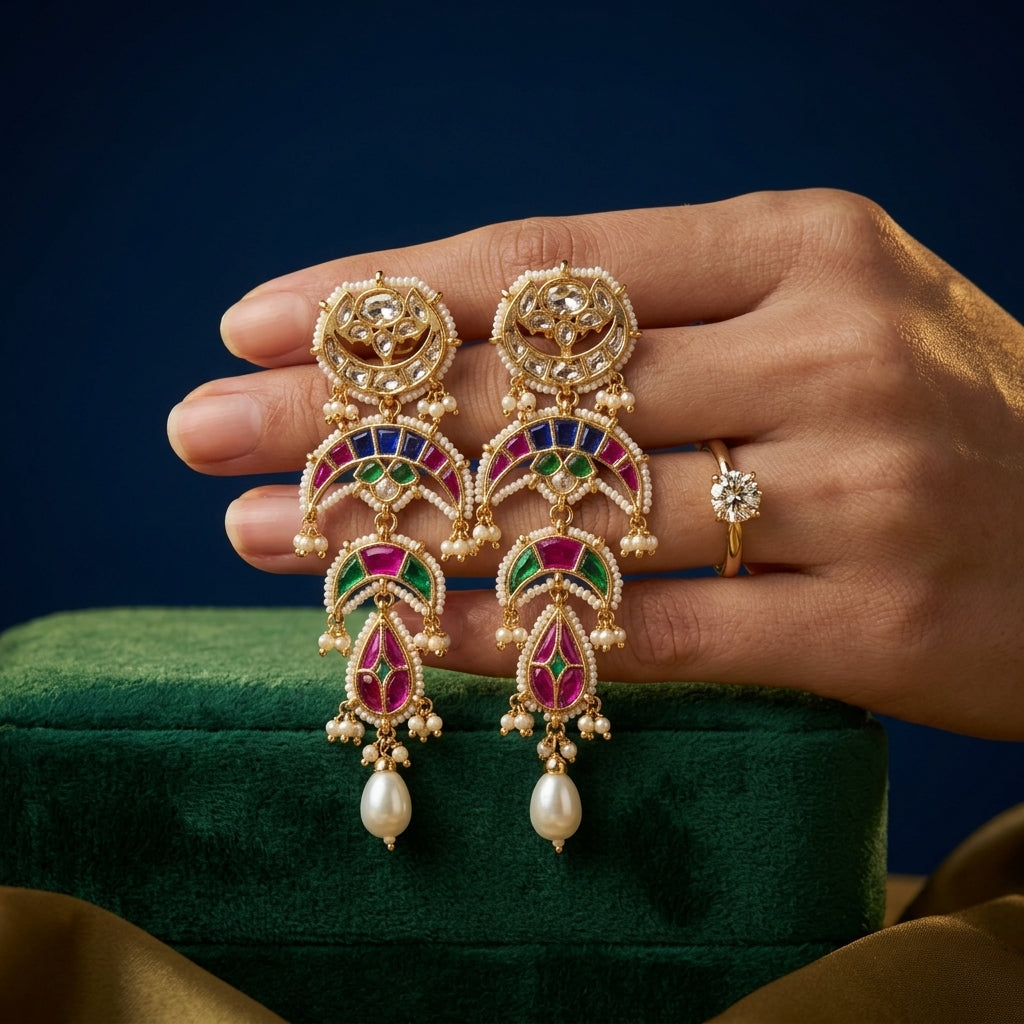 Multi Tiered Meenakari Crescent Earrings - Mannequin