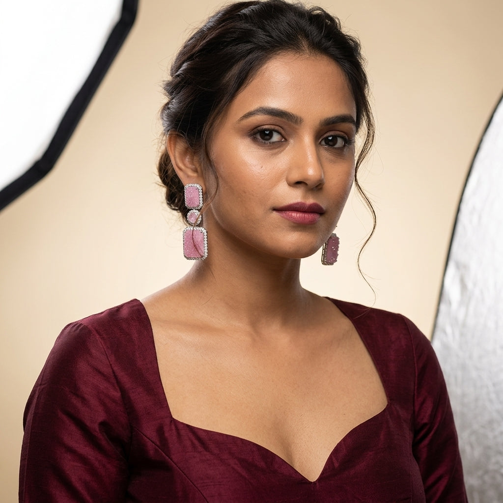 Pink Floral Cluster Earrings - Model