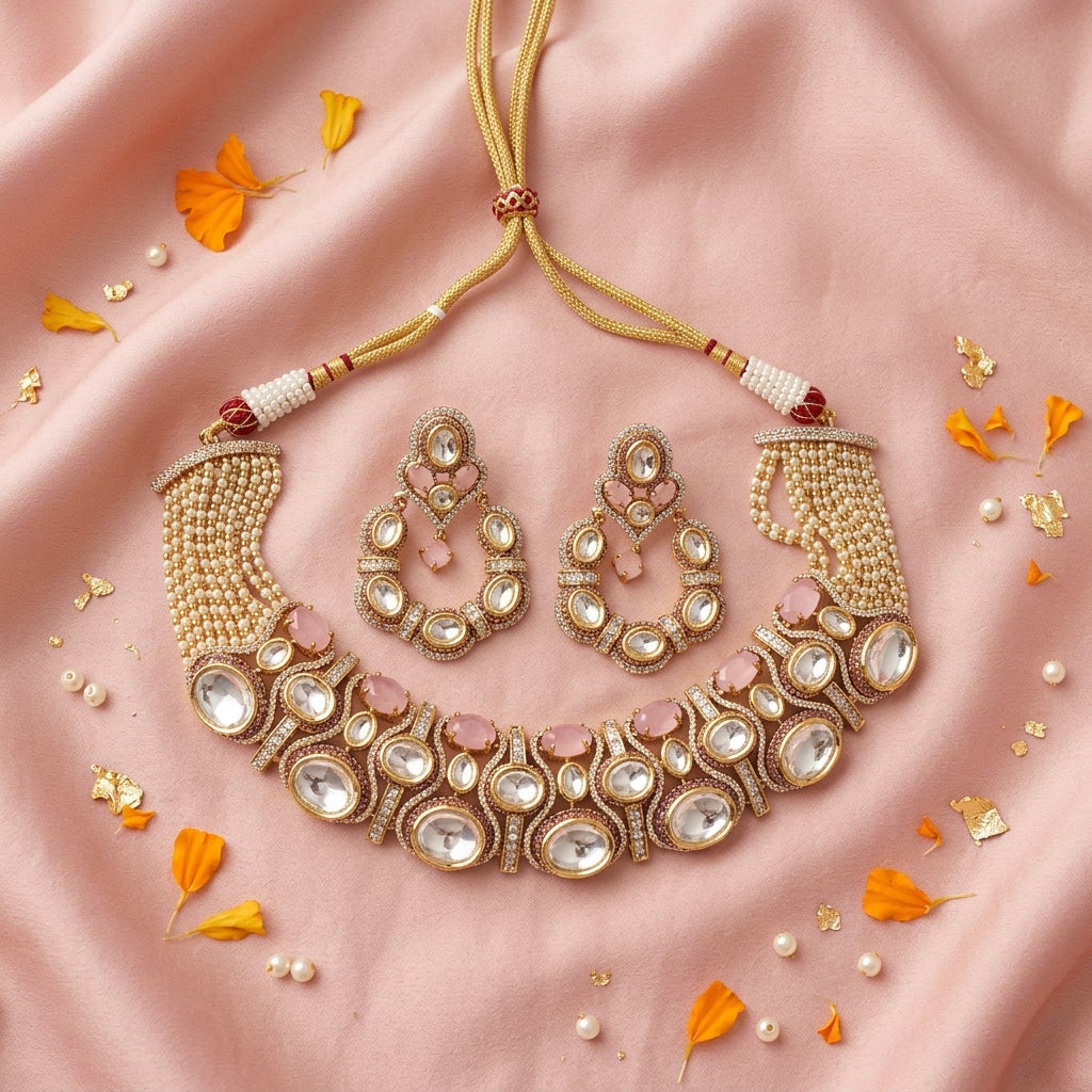 Pink Polki Cluster Necklace Set - Tabletop