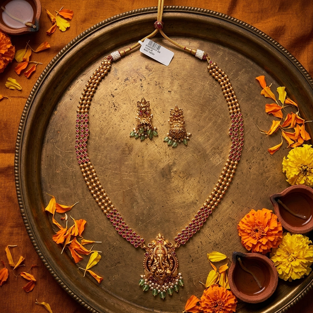 Ruby Ganesha Temple Necklace Set - Tabletop