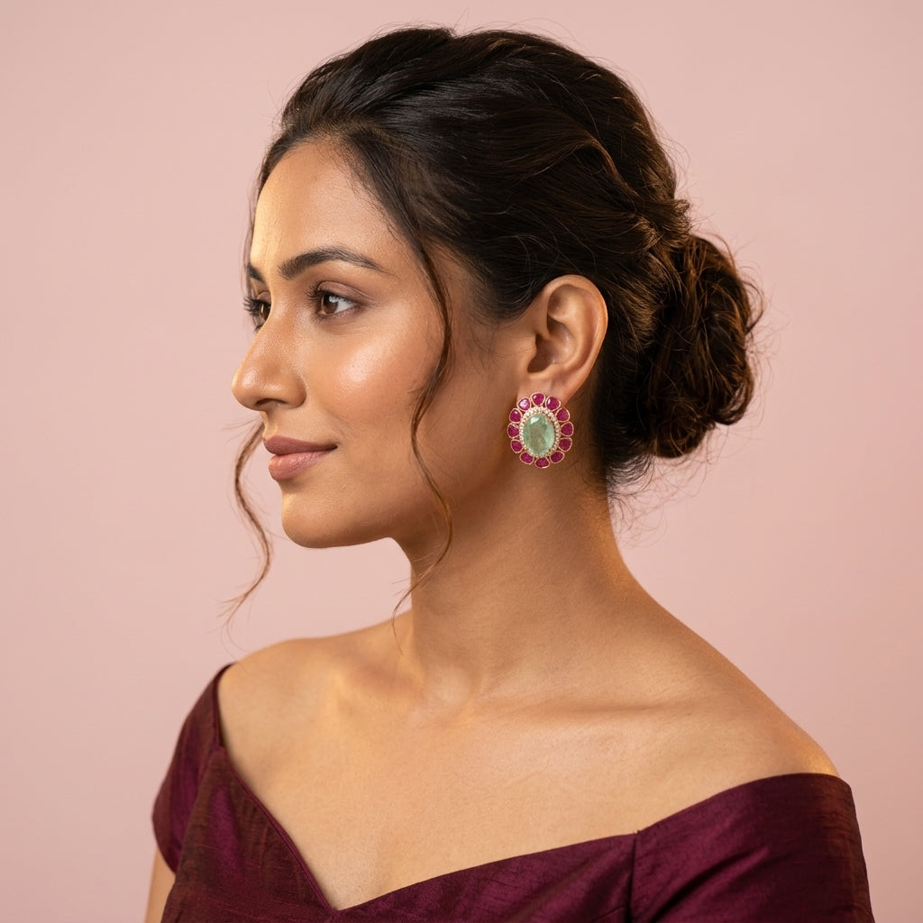 Green and Pink Floral Cluster Earrings - Model