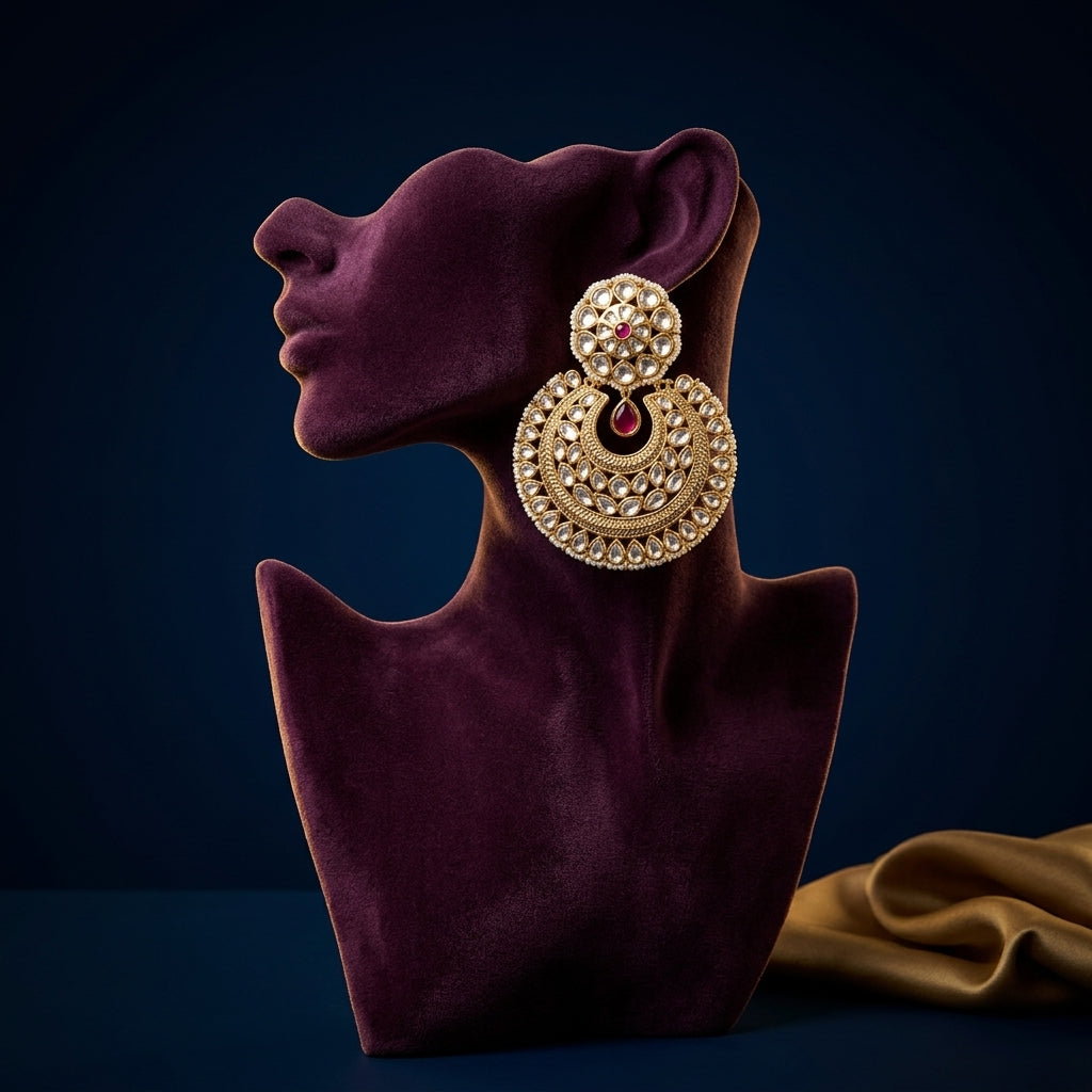 Ruby Red Mughal Kundan Chandbali Earrings - Mannequin