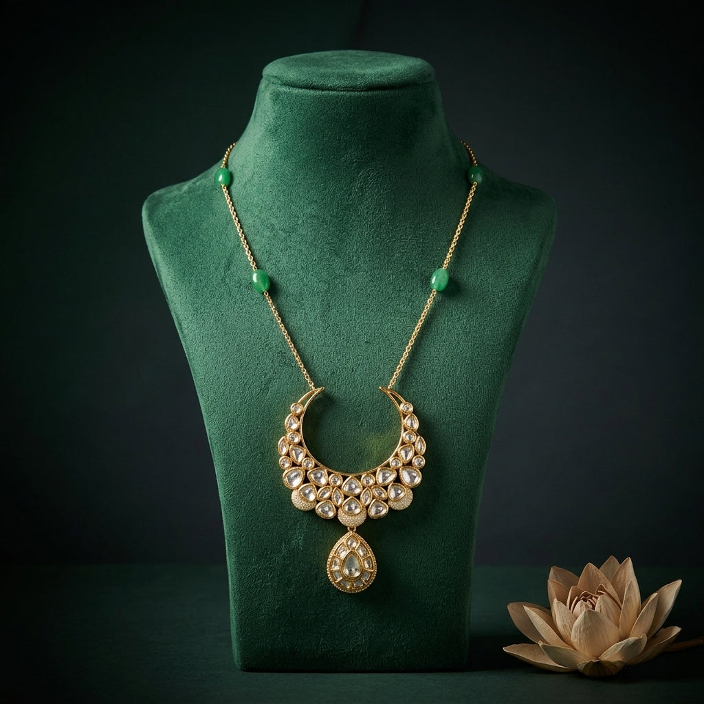 White and Green Heritage Kundan Necklace Set - Mannequin