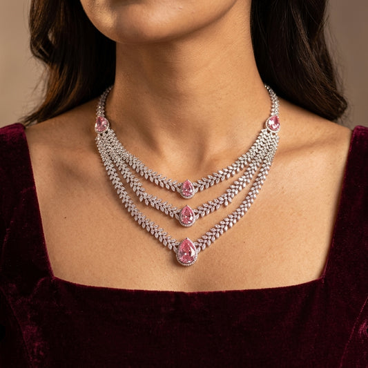 Pink and Clear Vine Cluster Necklace Set - Model