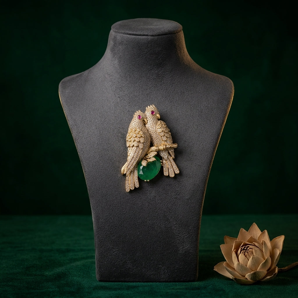 Ruby Green Parrot Branch Brooch - Mannequin