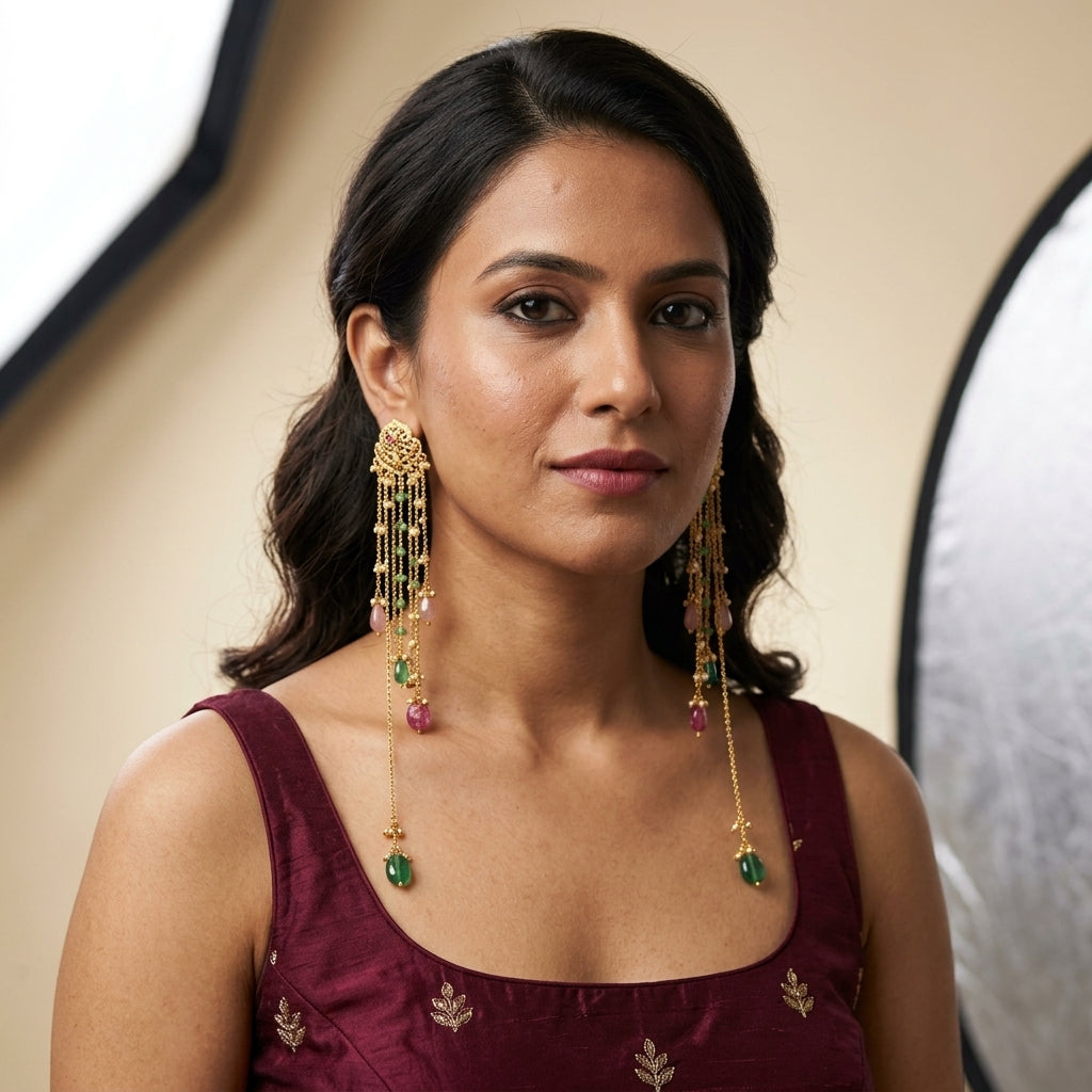 Ruby Long Dangling Earrings - Model