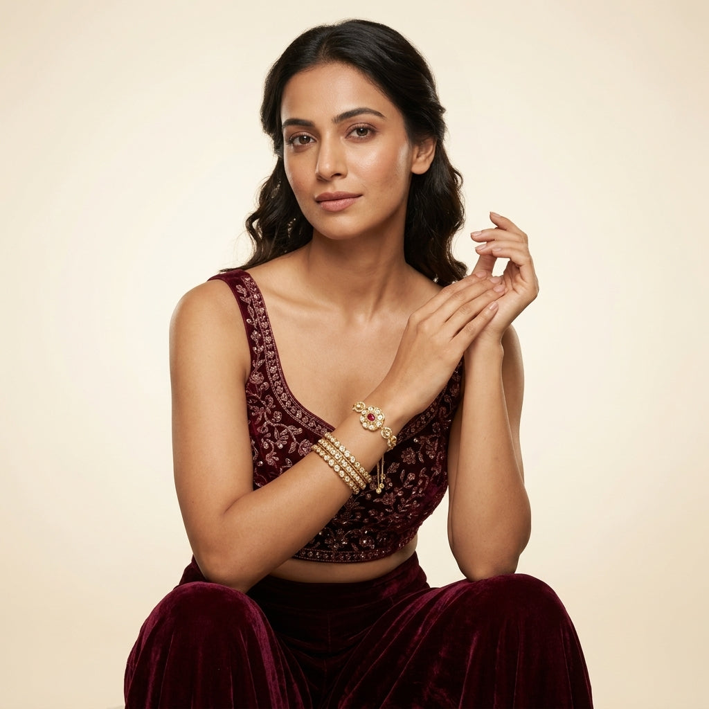 Red and White Ruby Kundan Teardrop Bracelet - Model