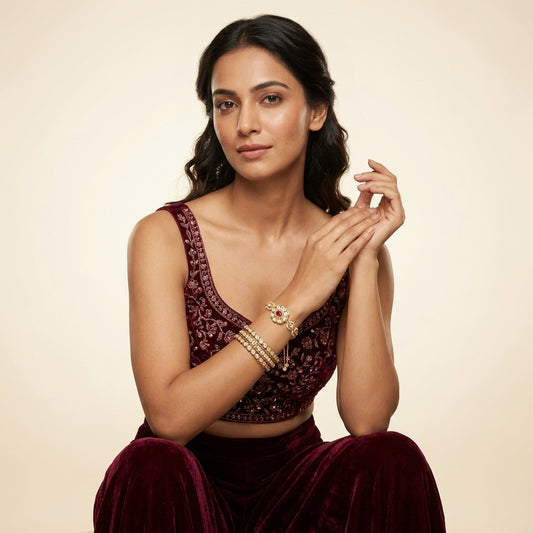 Red and White Ruby Kundan Teardrop Bracelet - Model