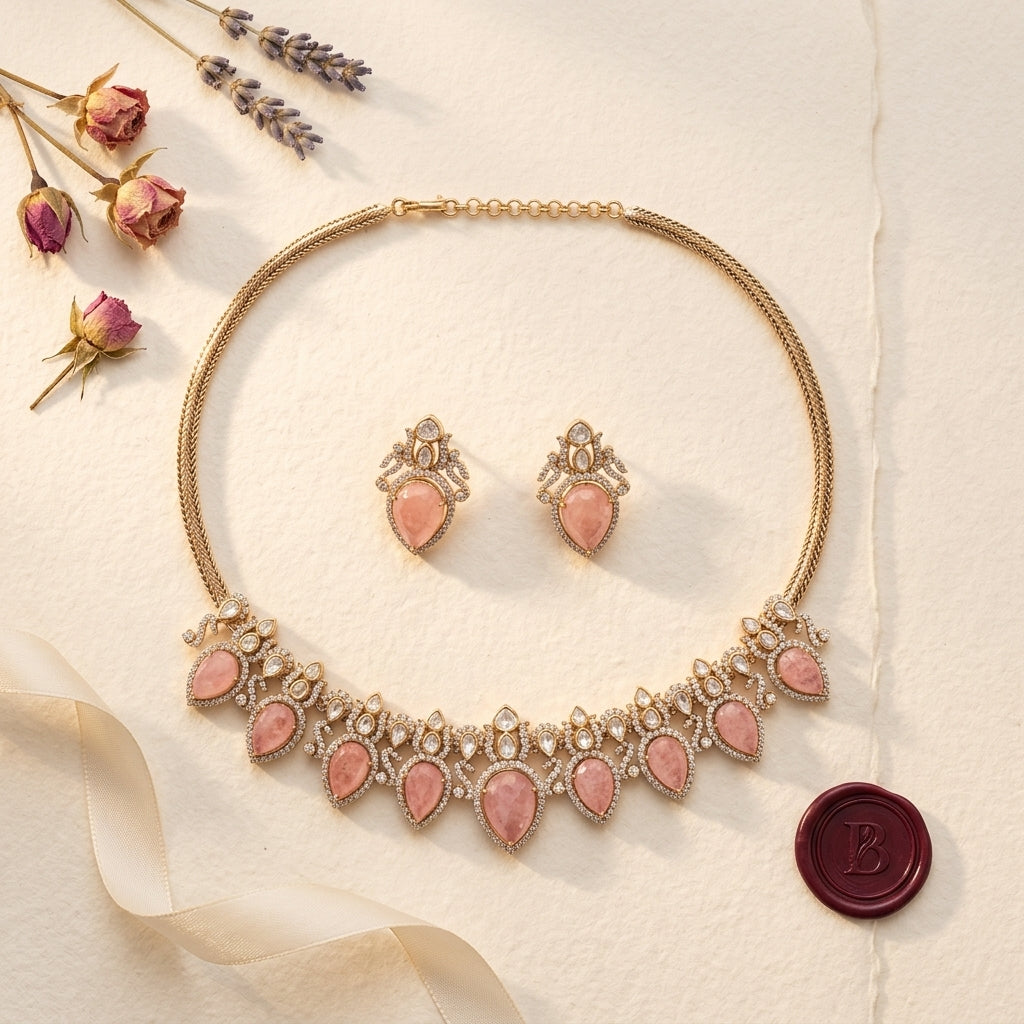 Pink and Clear Scalloped Teardrop Necklace Set - Tabletop