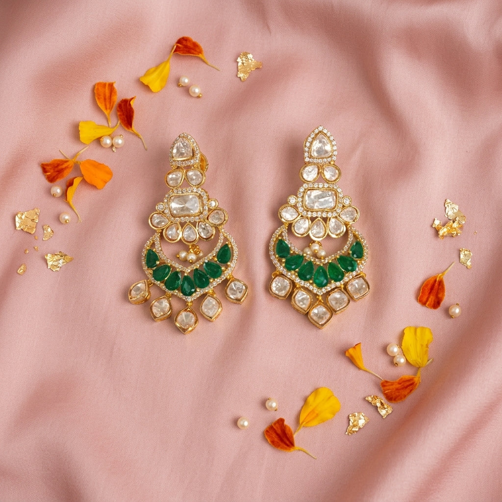 White and Green Heritage Kundan Earrings - Tabletop
