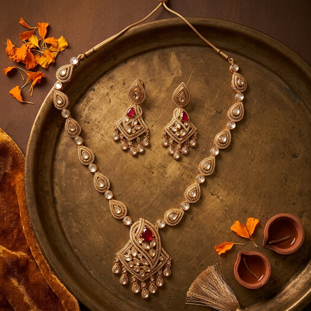 Ruby and White Teardrop Cluster Necklace Set - Tabletop