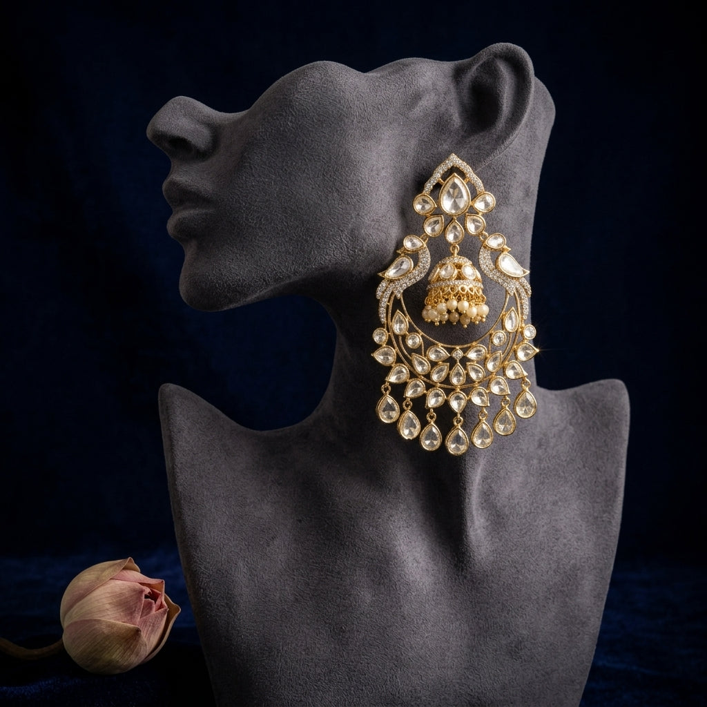 White Heritage Kundan Chandbali Jhumka - Mannequin