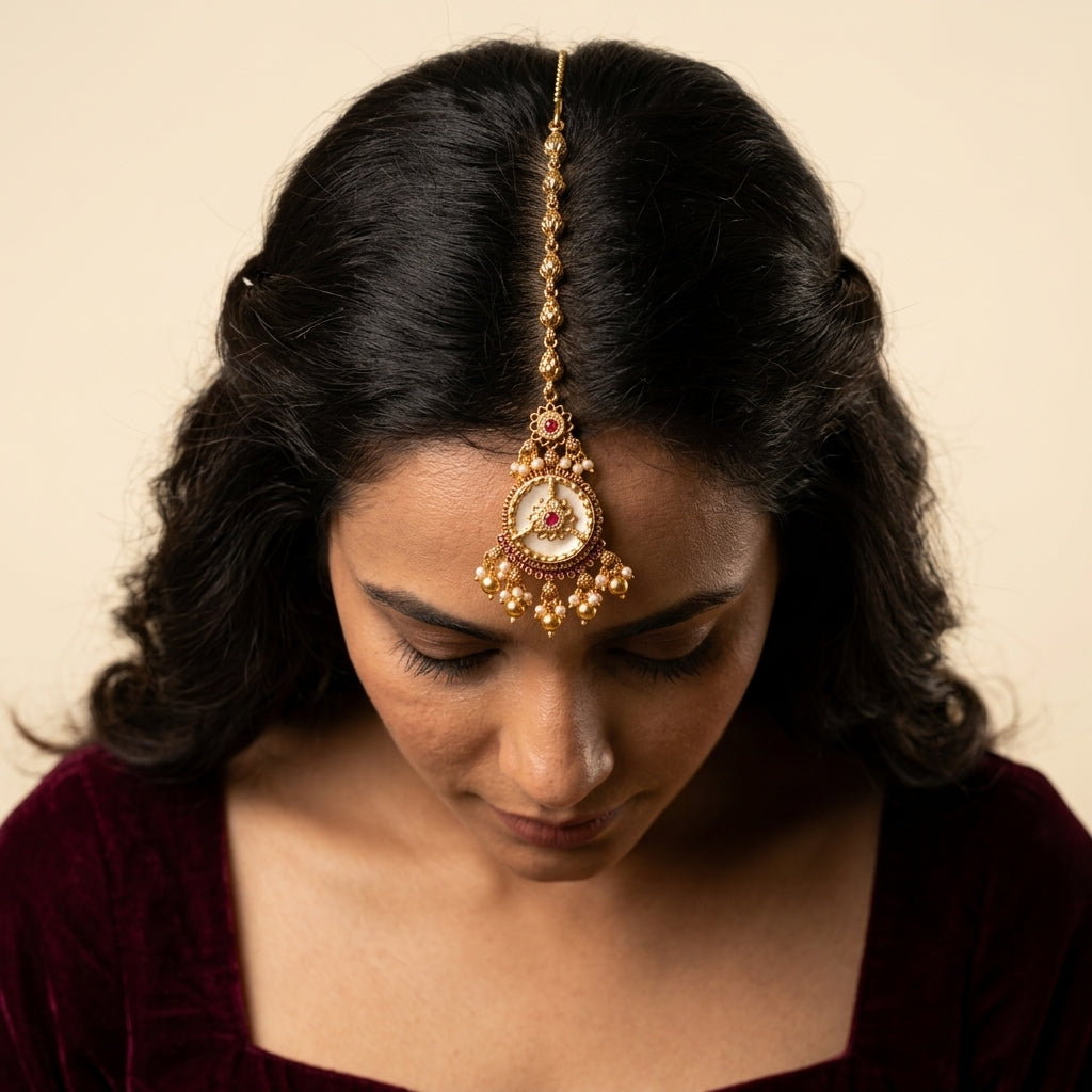 Multi Floral Pearl Maang Tikka - Model