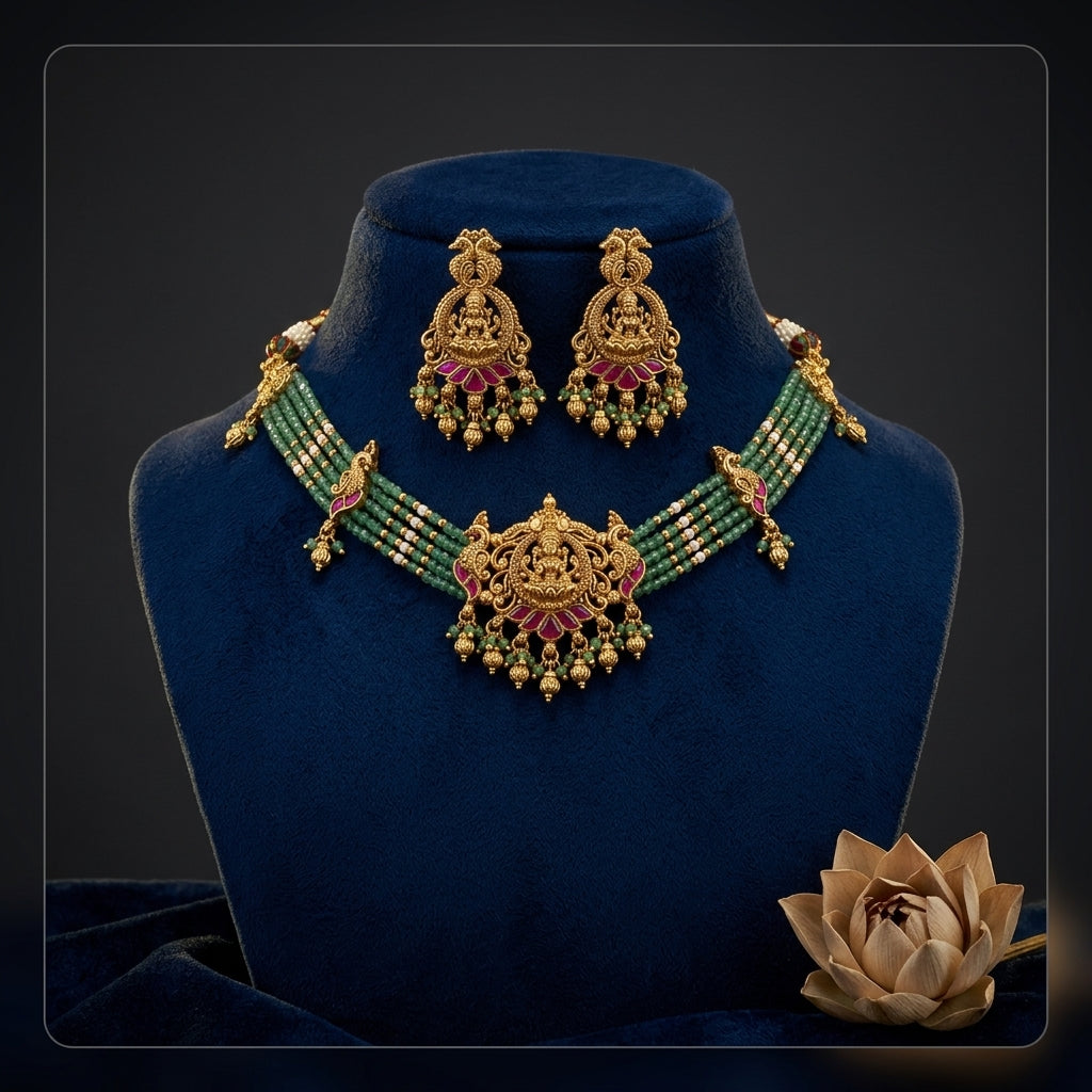 Ruby Green Temple Peacock Choker Set - Mannequin