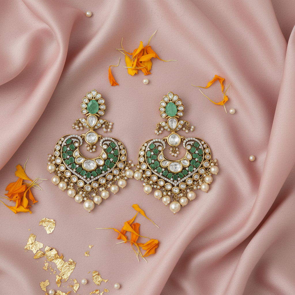 Green Mint Heritage Kundan Earrings - Tabletop