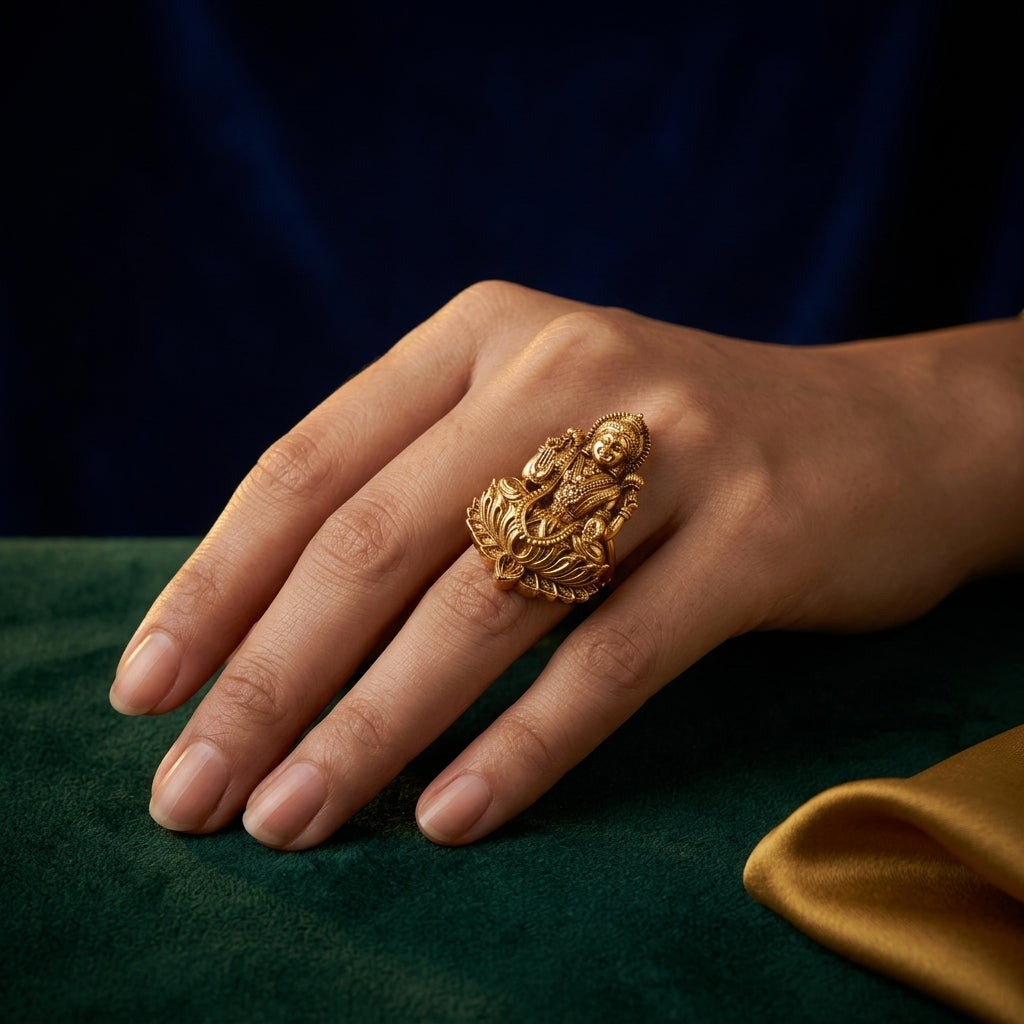 Gold Lakshmi Lotus Temple Ring - Mannequin