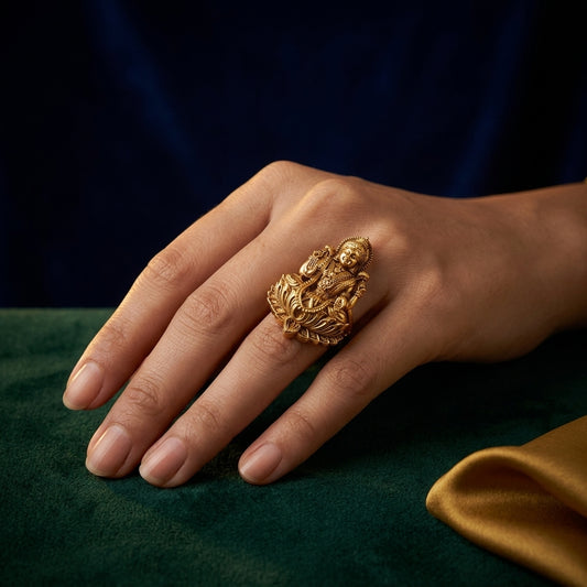 Gold Lakshmi Lotus Temple Ring - Mannequin