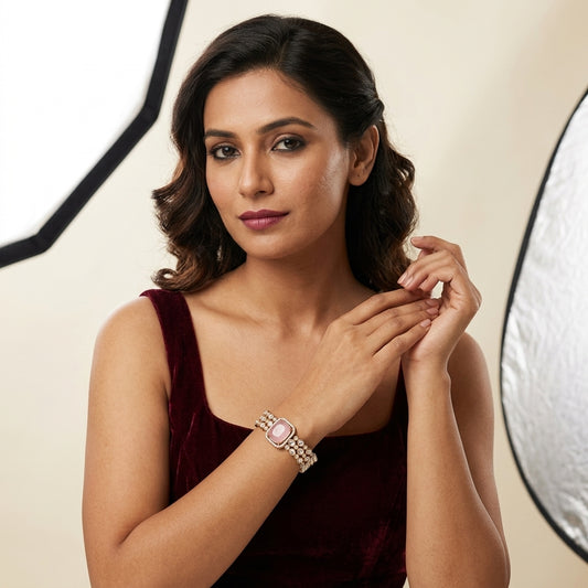 Pink Kundan Pearl Cluster Bracelet - Model
