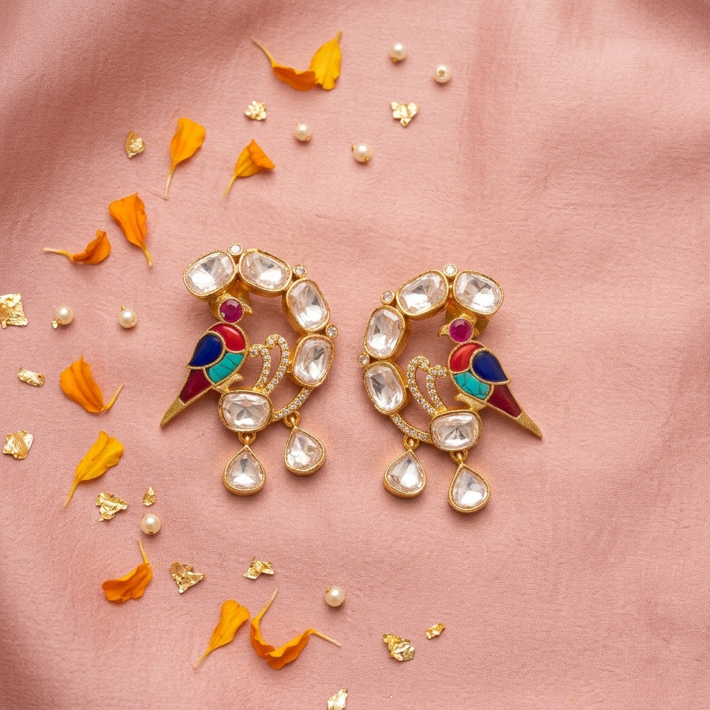 Multi Parrot Polki Earrings - Tabletop