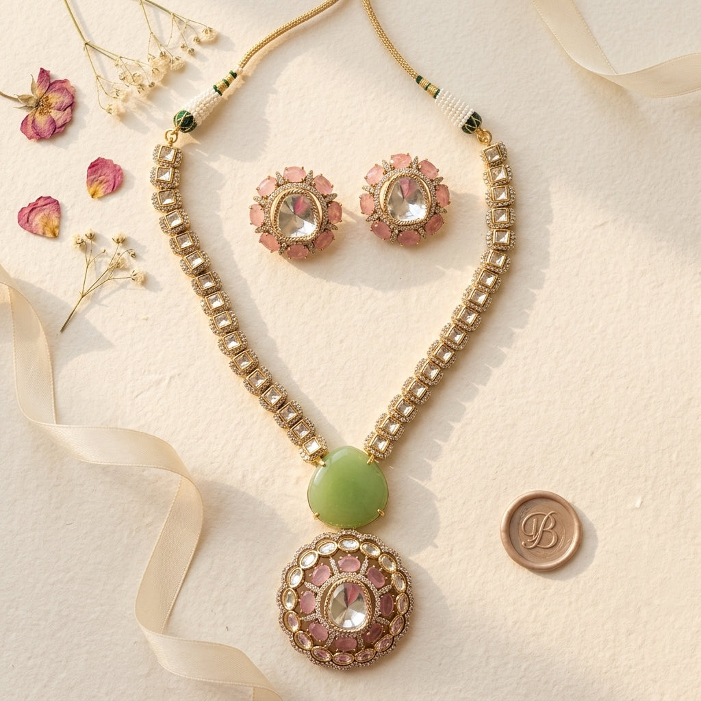 Pink and Green Geometric Cluster Necklace Set - Tabletop