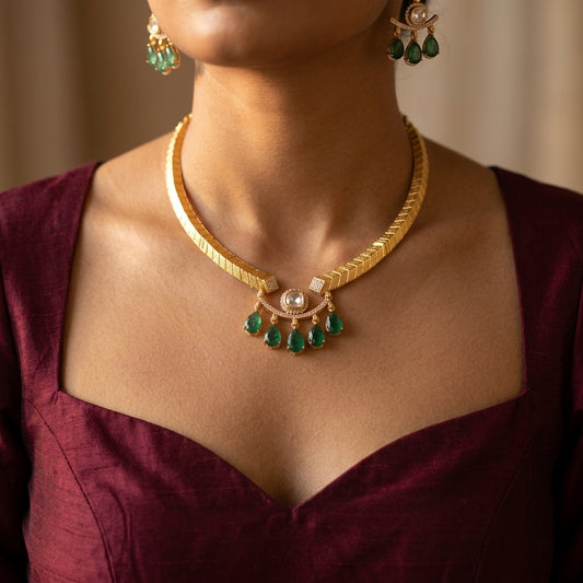 Green and Clear Geometric Dangle Necklace Set - Model