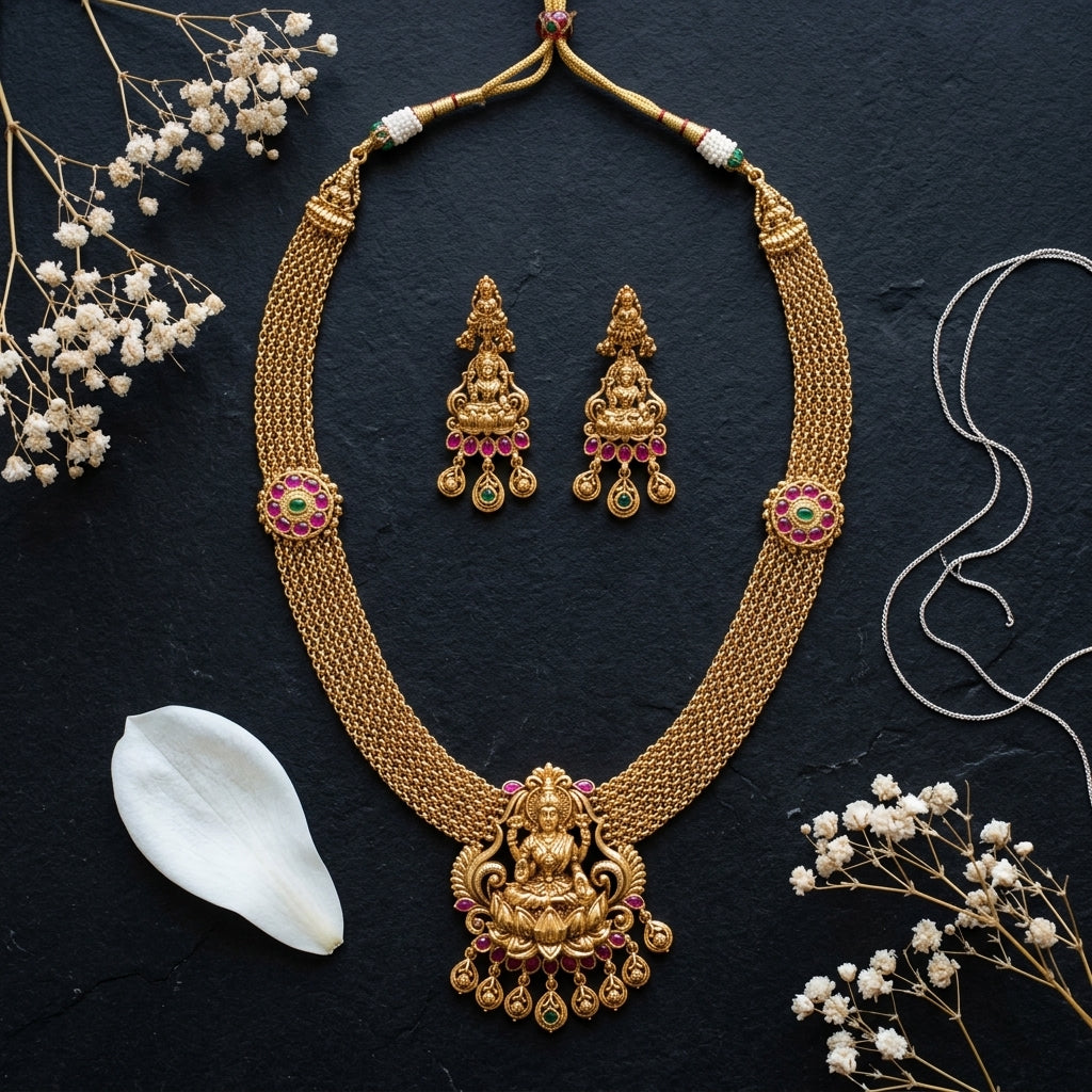 Ruby and Green Temple Lakshmi Necklace Set - Tabletop