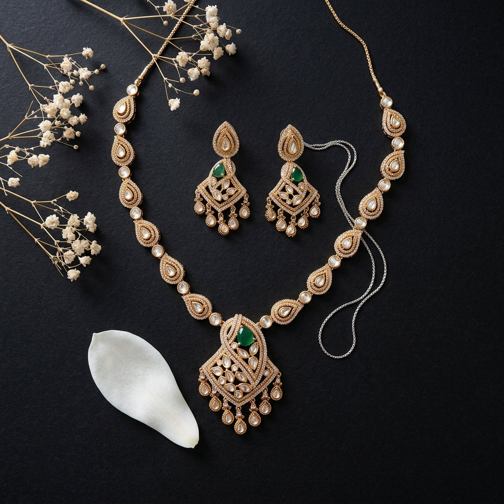 Green and White Ornate Teardrop Necklace Set - Tabletop