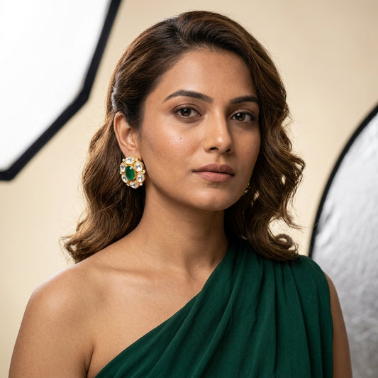 Green White Heritage Kundan Studs Earring - Model