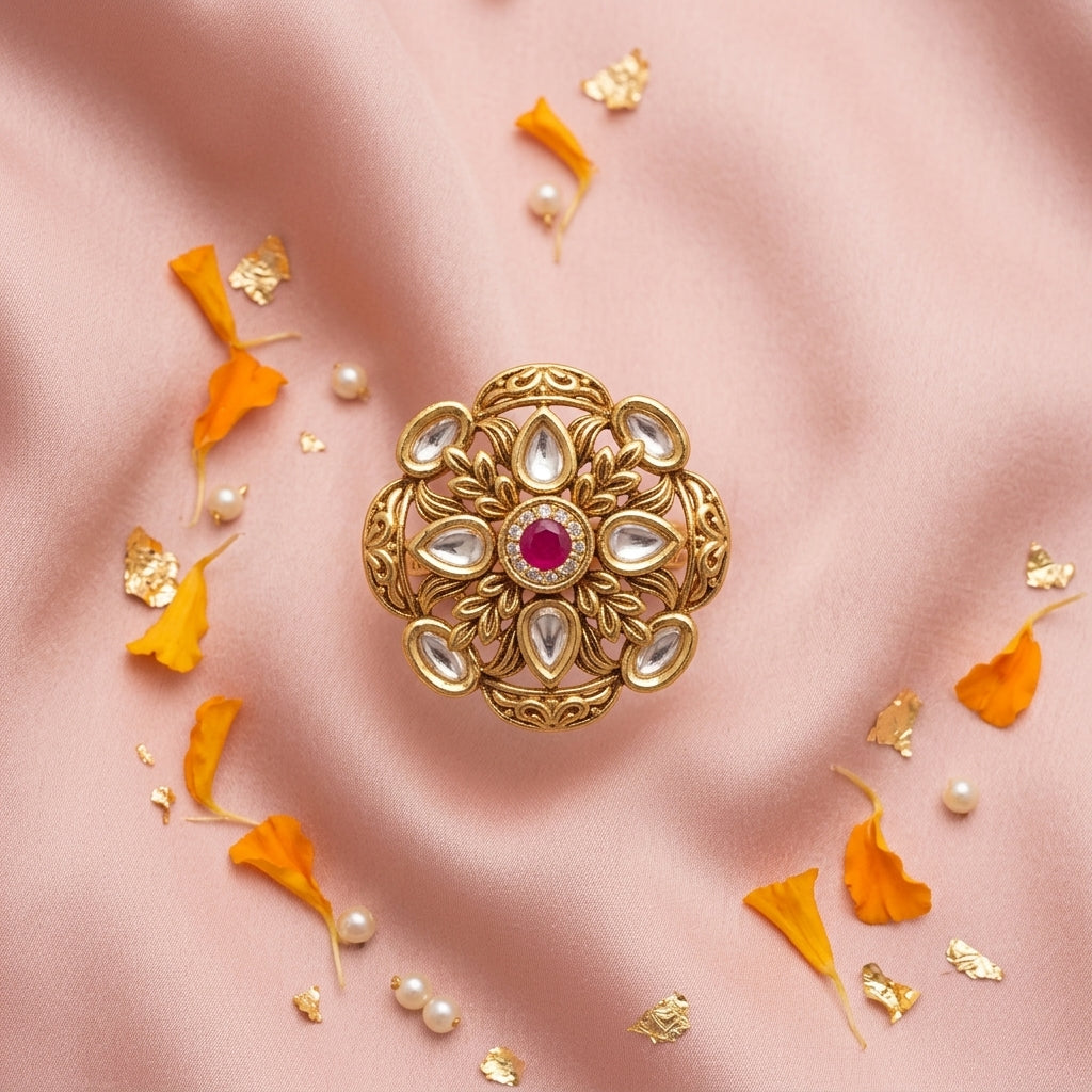Ruby and Clear Floral Polki Ring - Tabletop
