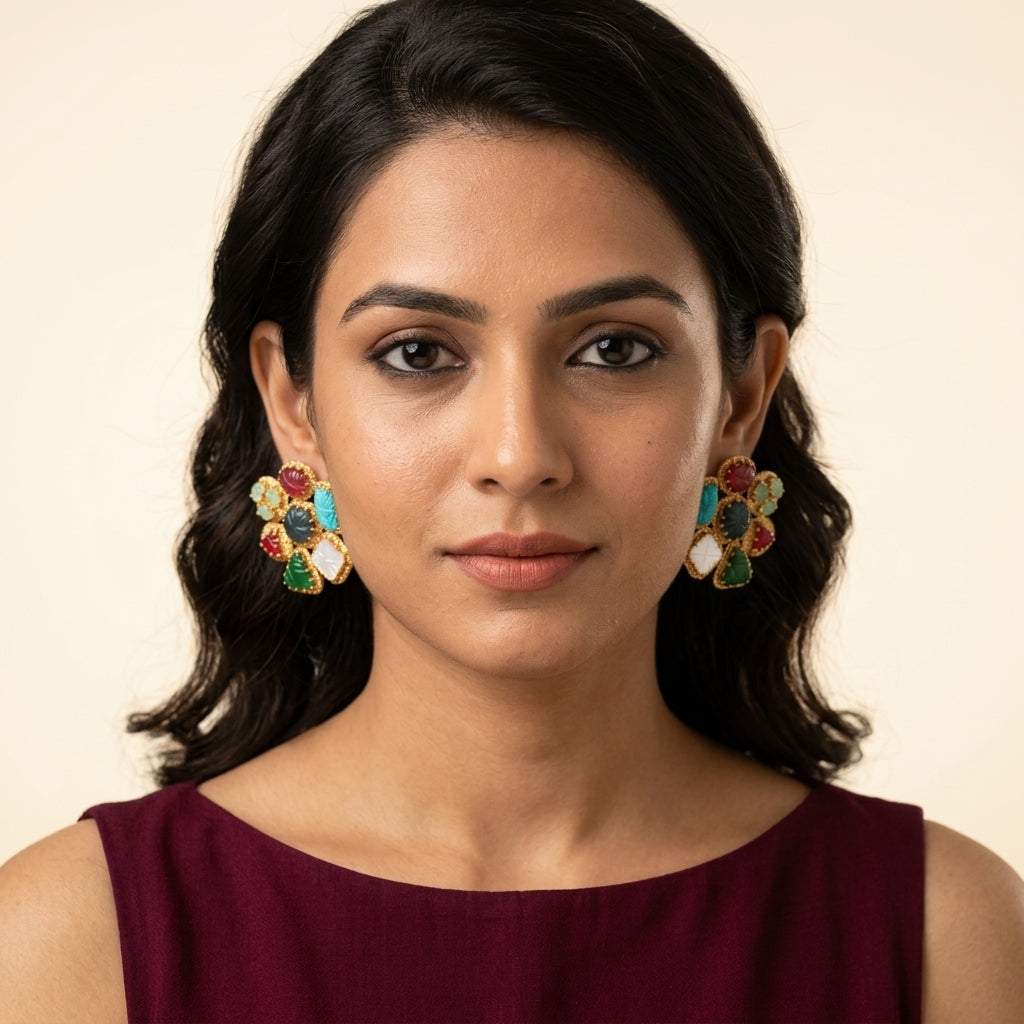 Multi Carved Stone Cluster Earrings - Model
