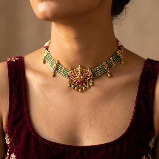 Ruby Green Temple Peacock Choker Set - Model