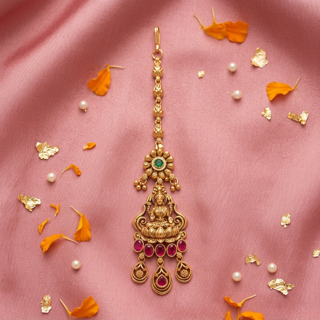 Ruby and Green Temple Floral Maang Tikka - Tabletop