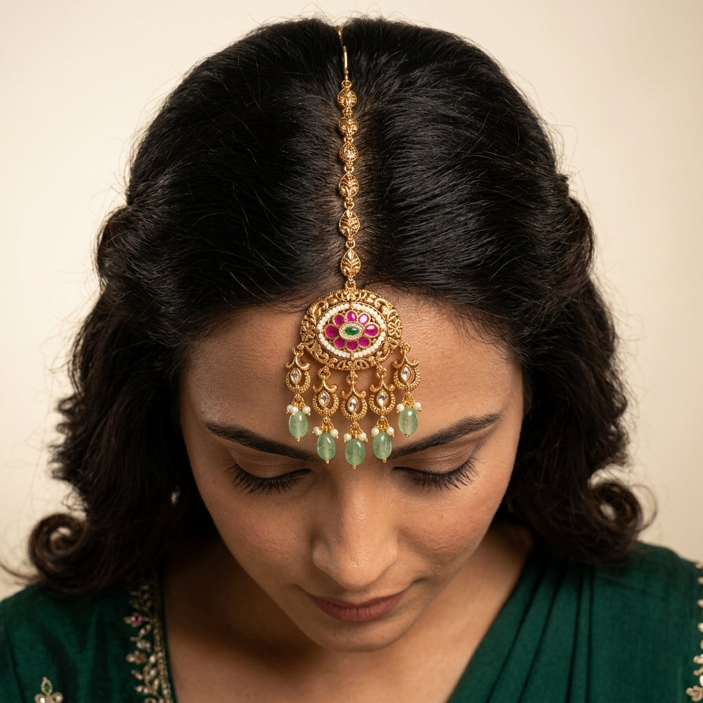 Ruby Green Floral Maang Tikka - Model