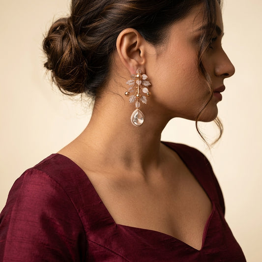 White Floral Branch Drop Earrings - Model