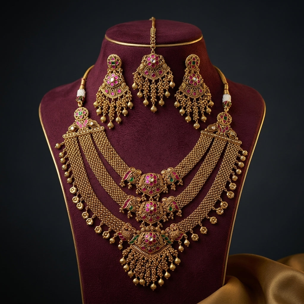 Ruby and Green Floral Antique Necklace Set - Mannequin