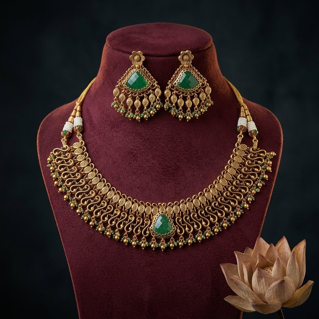 Green Intricate Scroll Necklace Set - Mannequin