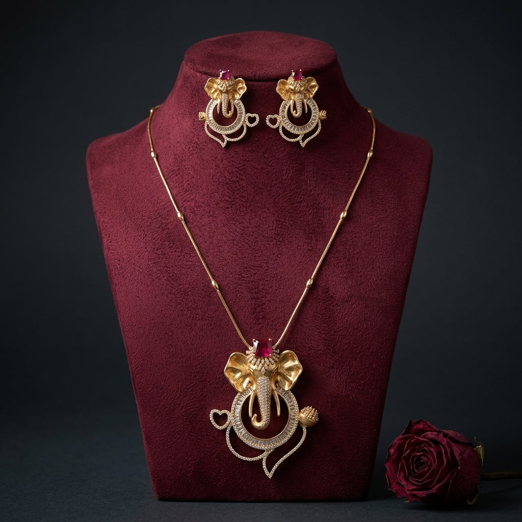 Red Ganesha Elephant Necklace Set - Mannequin