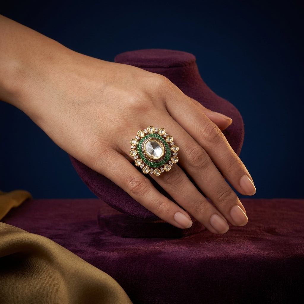 Green and Clear Polki Cluster Ring - Mannequin