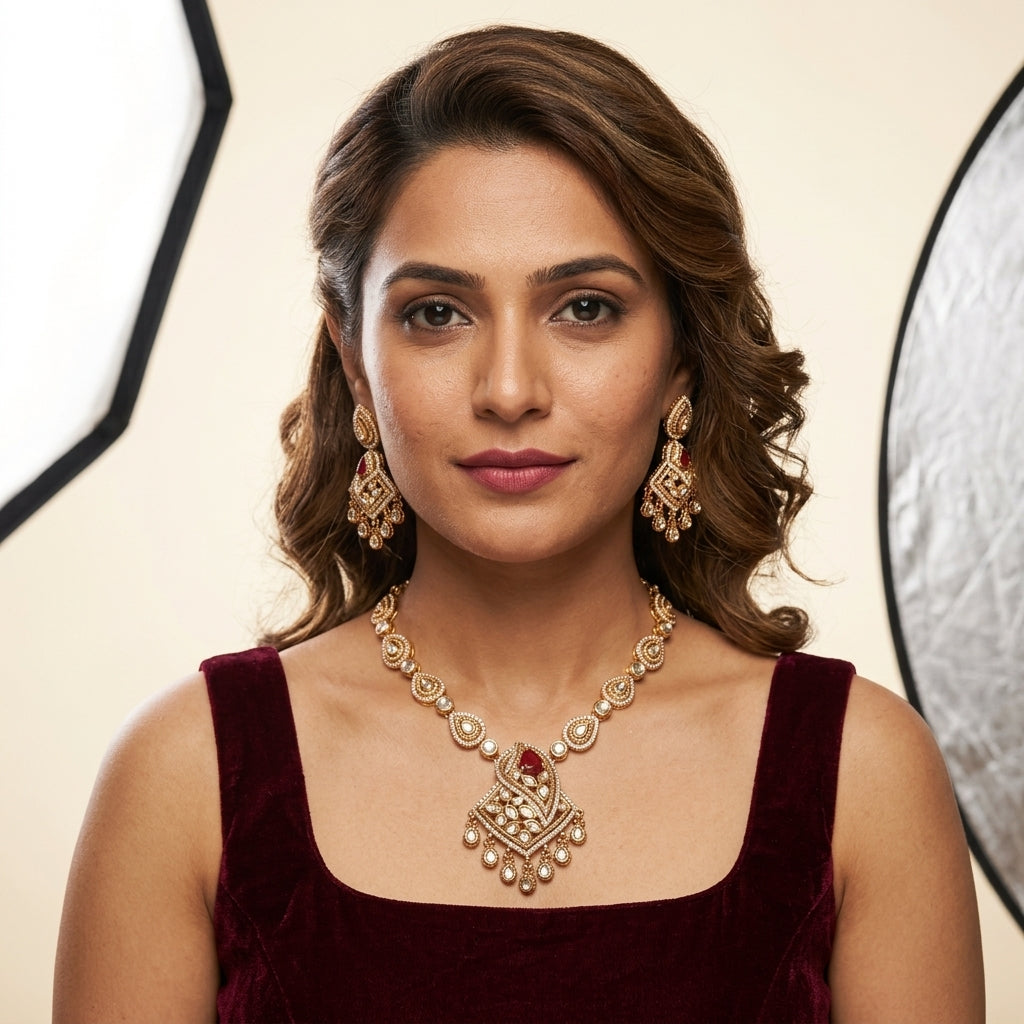 Ruby and White Teardrop Cluster Necklace Set - Model