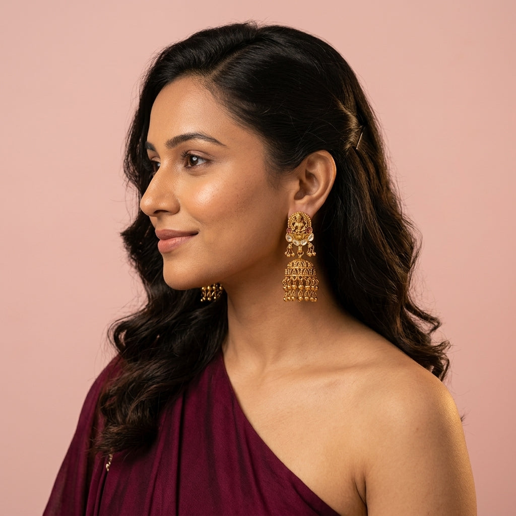 White Temple Lakshmi Lotus Jhumka Earrings - Model