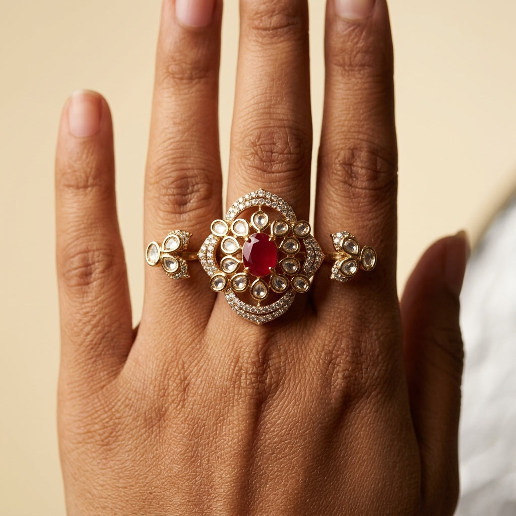 Red and Clear Floral Cluster Ring - Model